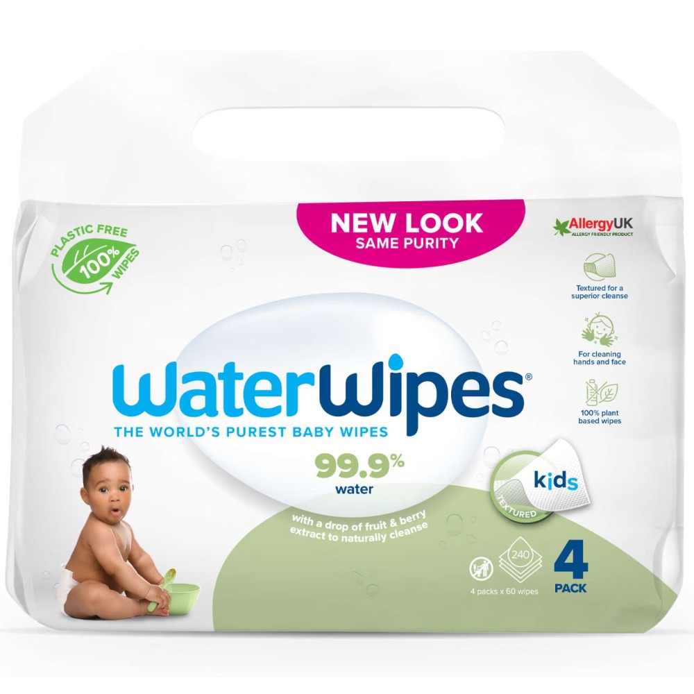 WaterWipes Plastic Free Textured Clean Toddler &amp; Baby Wipes 240 Wet Wipes (4 Packs)