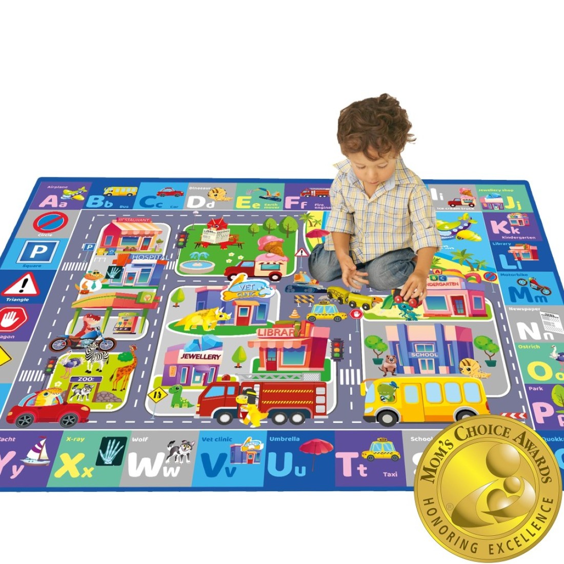 QUOKKA Floor Large Nursery Rug for Babies - Super Soft ABC Rug for Kids Toddlers & Infants - Extra Thick (0.8cm) Large Padded Non-Slip Car Nursery Rug with City - Foldable Rug for Playroom