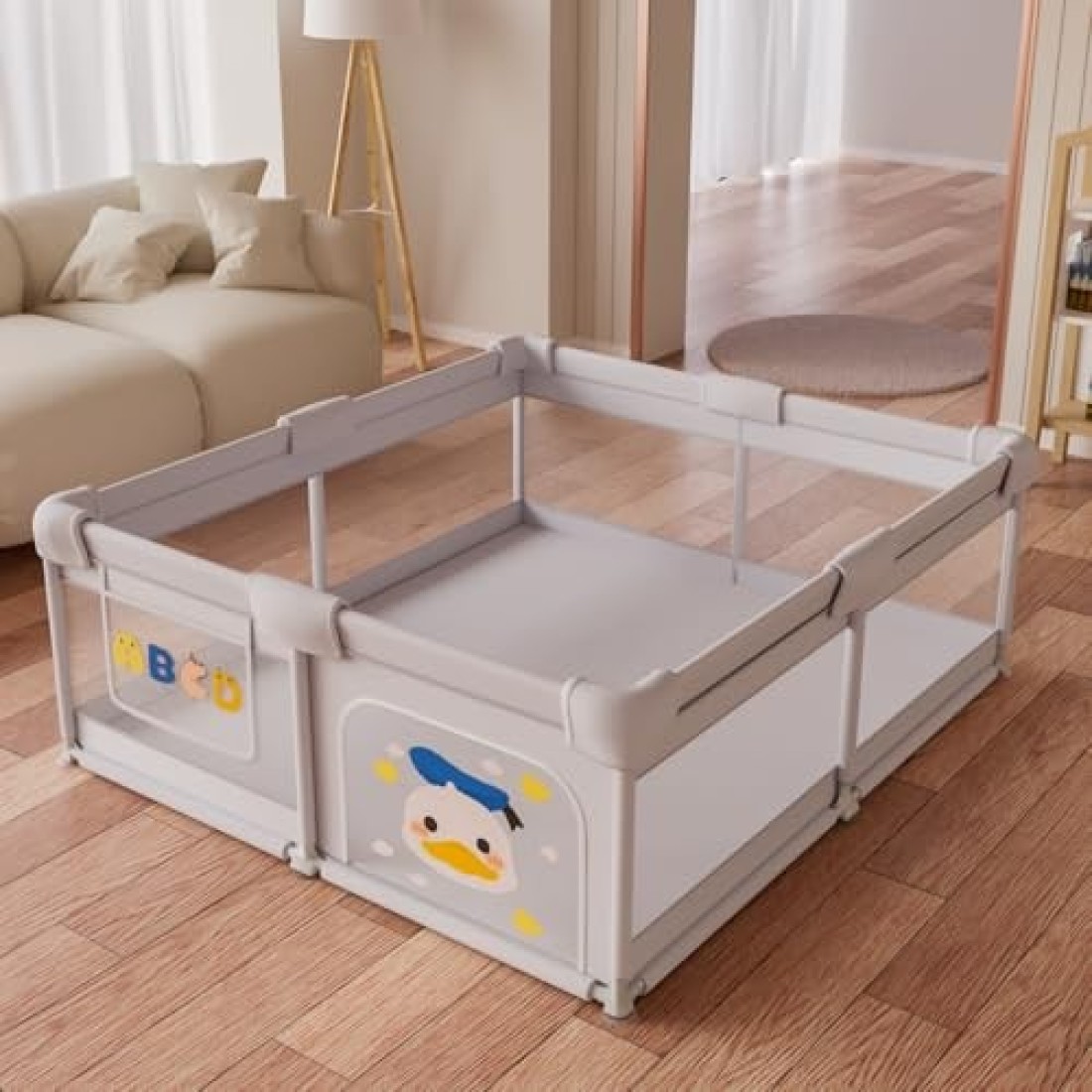Baby Playpen Baby Playard for Babies and Toddlers, Indoor & Outdoor Kids Activity Center, Sturdy Safety Anti-Fall Play Yard with Soft Breathable Mesh, Kid's Fence for Infants Toddlers, Grey, 71″×47″