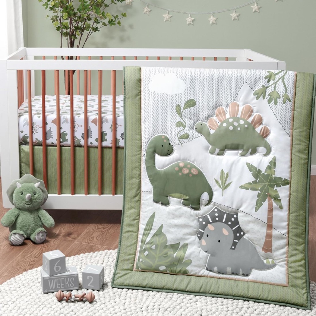 The Peanutshell 3 Piece Baby Crib Bedding Set for Boys - Newborn, Infant & Toddler Nursery Bed Set Decor with Fitted Crib Sheet, Dust Ruffle Comforter - Dinosaur Dreams