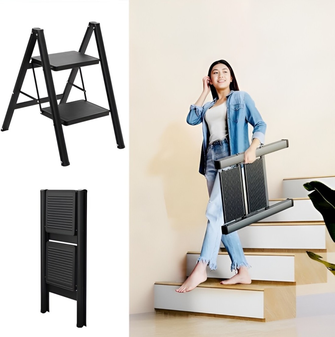 HEXAR® Multipurpose Step Ladder Folding Ladder with Anti-Slip Pedal Folding Step Stool Portable Lightweight Foldable Stepladder for Home Kitchen Library Office 150 KG Capacity (2 STEPS)