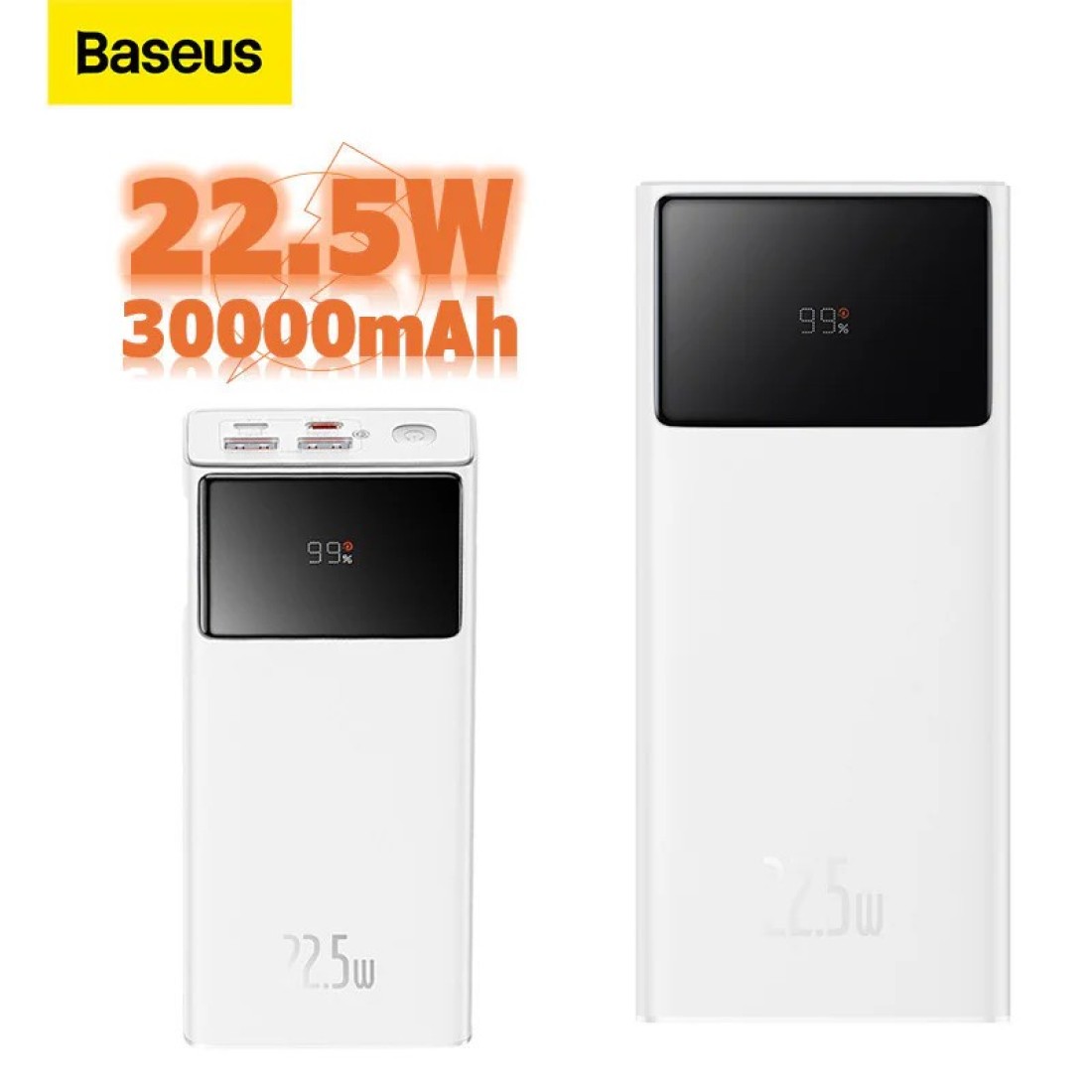 Baseus 30000.0 mAh Portable Charger Power Bank 30000mAh, 22.5W QC 3.0 PD 20W USB 3-Port 3A Fast Charging Charger C Battery Pack, Smart LED Display Phone for iPhone Series, Samsung, Android etc, White