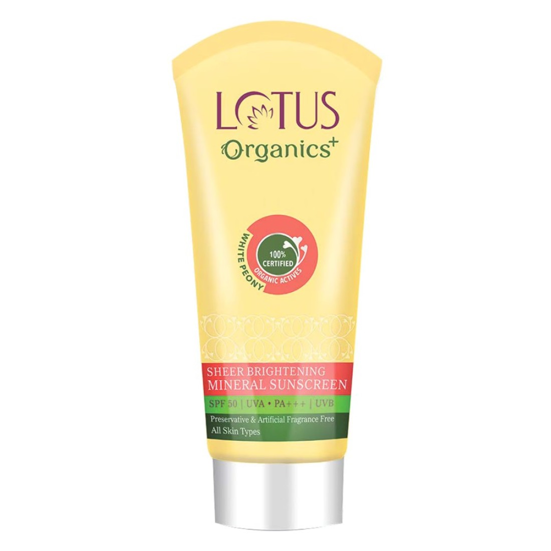 لوتس أورغانيكس+ شير برايتنين واقي شمس معدني لماع صافي SPF 50 أبيض 100 غرام