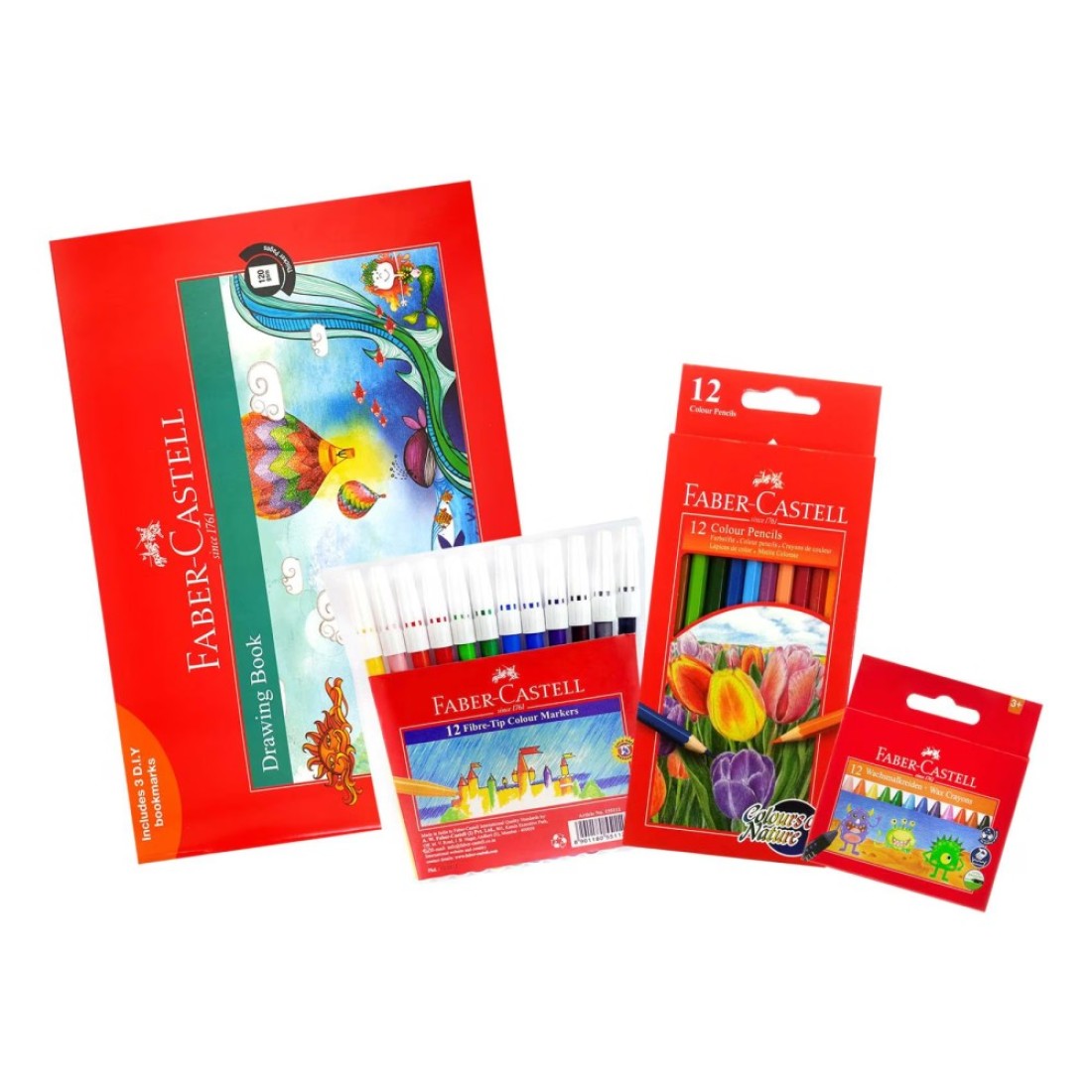 Faber Castell Colour Pencils 12 PCS with Wax Crayons 12 PCS and Fibre-Tip Colour Markers 12 PCS and 120 GSM Drawing Book