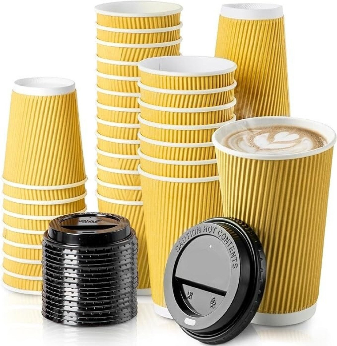 YESOCEA [50 Set] 12 oz. Kraft Disposable Coffee Cups With Lids - Triple Wall Ripple Brown Hot Paper Cups for Tea, Drinks To-Go