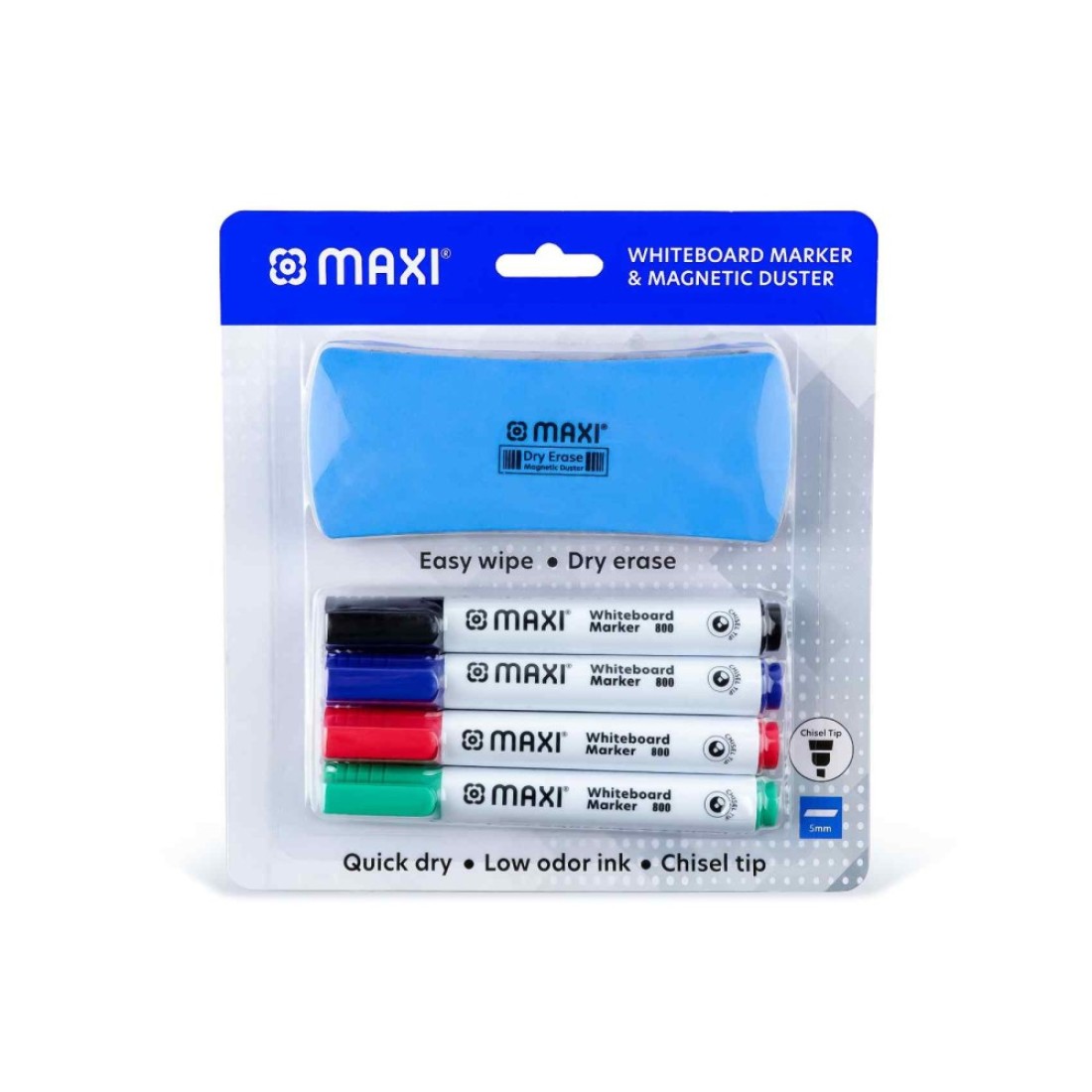 Maxi Chisel Tip Whiteboard Marker Multicolour 4 PCS with Magnetic Duster Blue