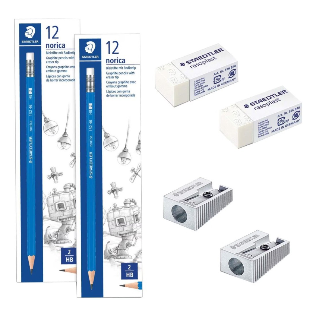 Staedtler Norica Pencils 132-46-A53 2 PCS and Rasoplast Eraser 526-C35 2 PCS with Sharpener 510-10