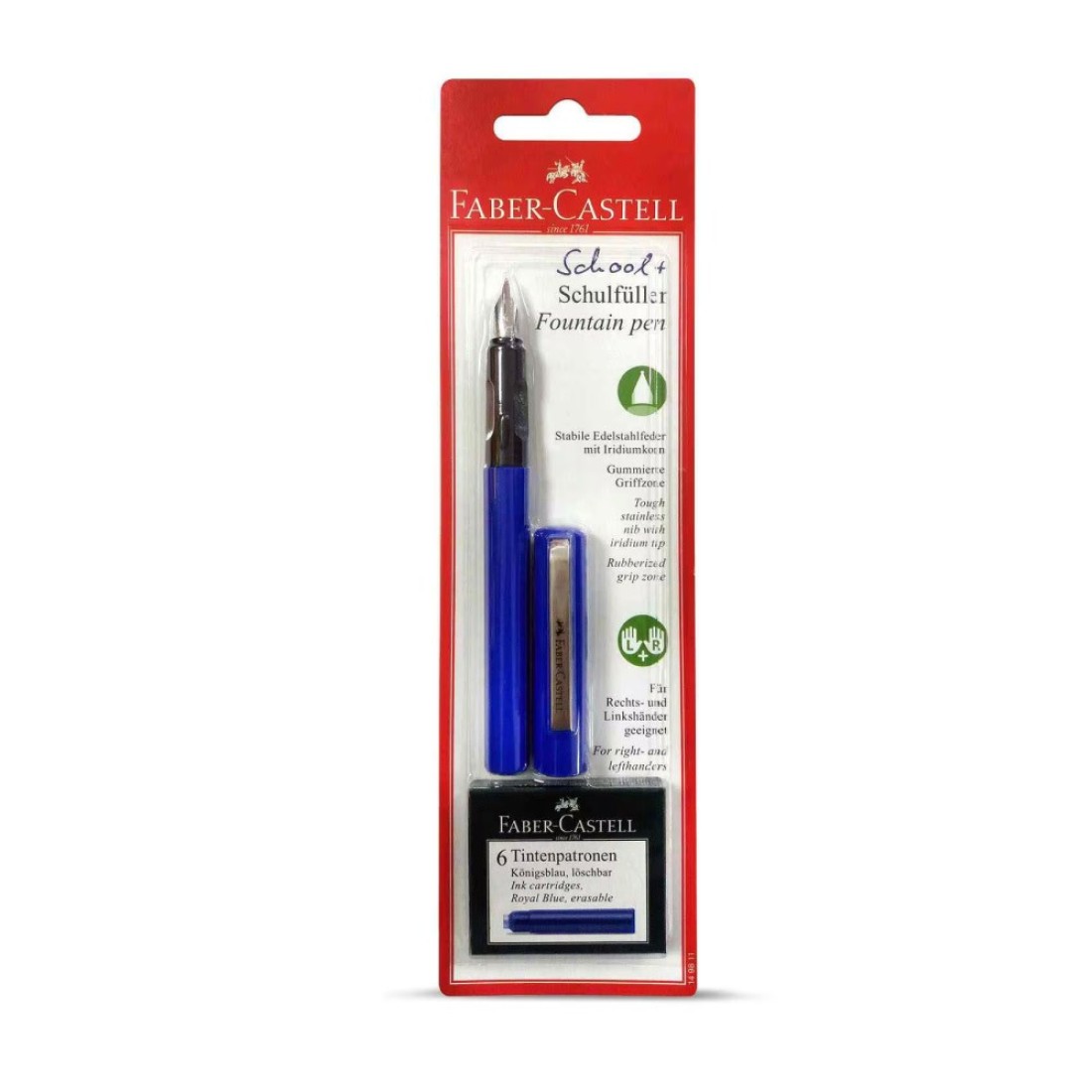 Faber-Castell School Fountain Pen with Ink Cartridges Blue 6 PCS