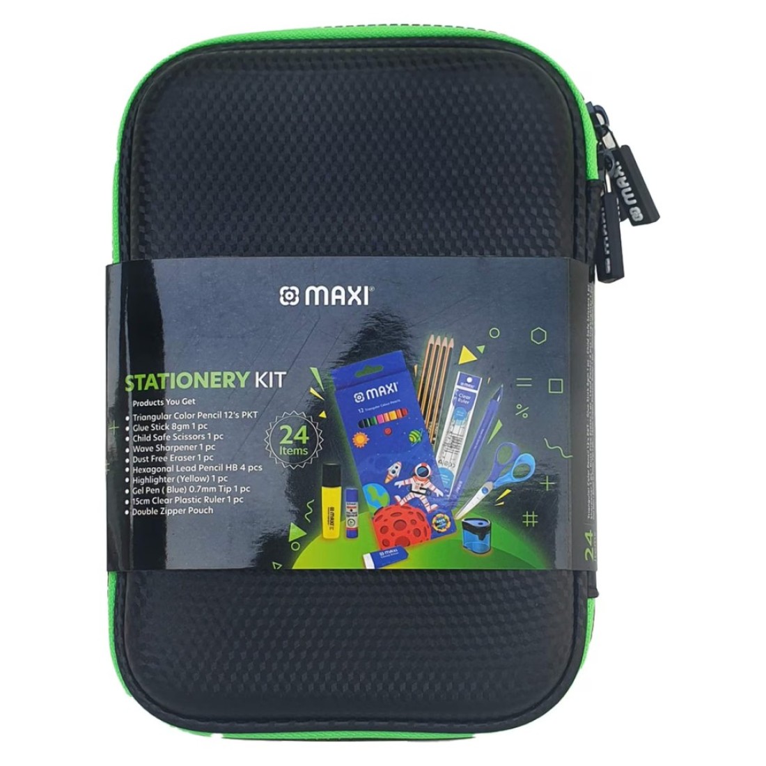 Maxi Double Zipper Pencil Case Stationery Kit Black