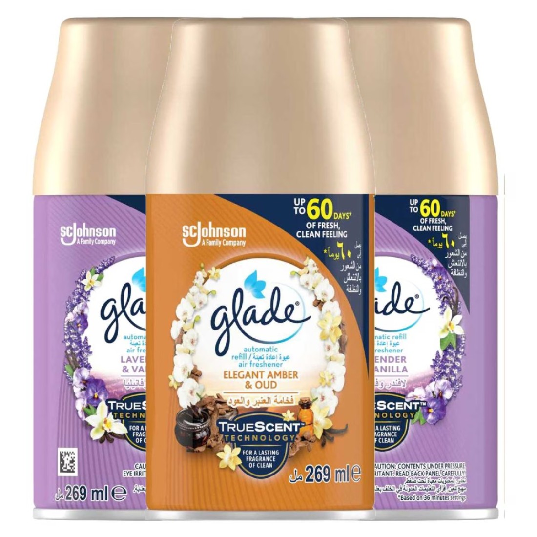 Glade Lavender And Vanilla Automatic Refill Spray White 269ml Pack of 2 With Elegant Amber And Oud Automatic Refill Spray White 269ml