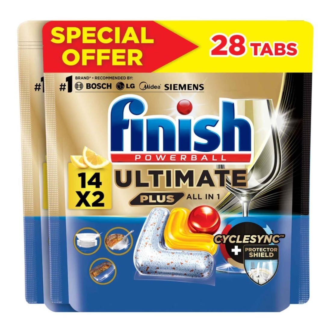 Finish Ultimate Plus All-in-1 Powerball Dishwasher Tablets Lemon 14 Tablets Pack of 2
