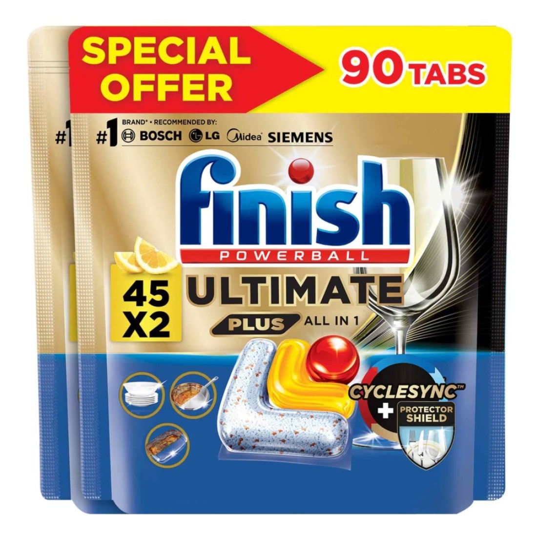 Finish Ultimate Plus All-in-1 Powerball Dishwasher Tablets Lemon 45 Tablets Pack of 2