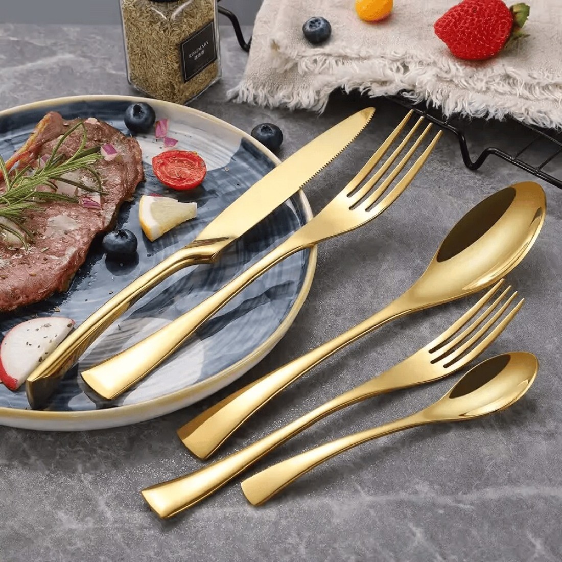 MAAC Home Opulent Gold Cutlery for Grand Occasions - Set of 5 Luxurious Elegant Durable and Classic Premium Design Cutlery Set Perfect for everyday use, and get together, restaurant, banquet