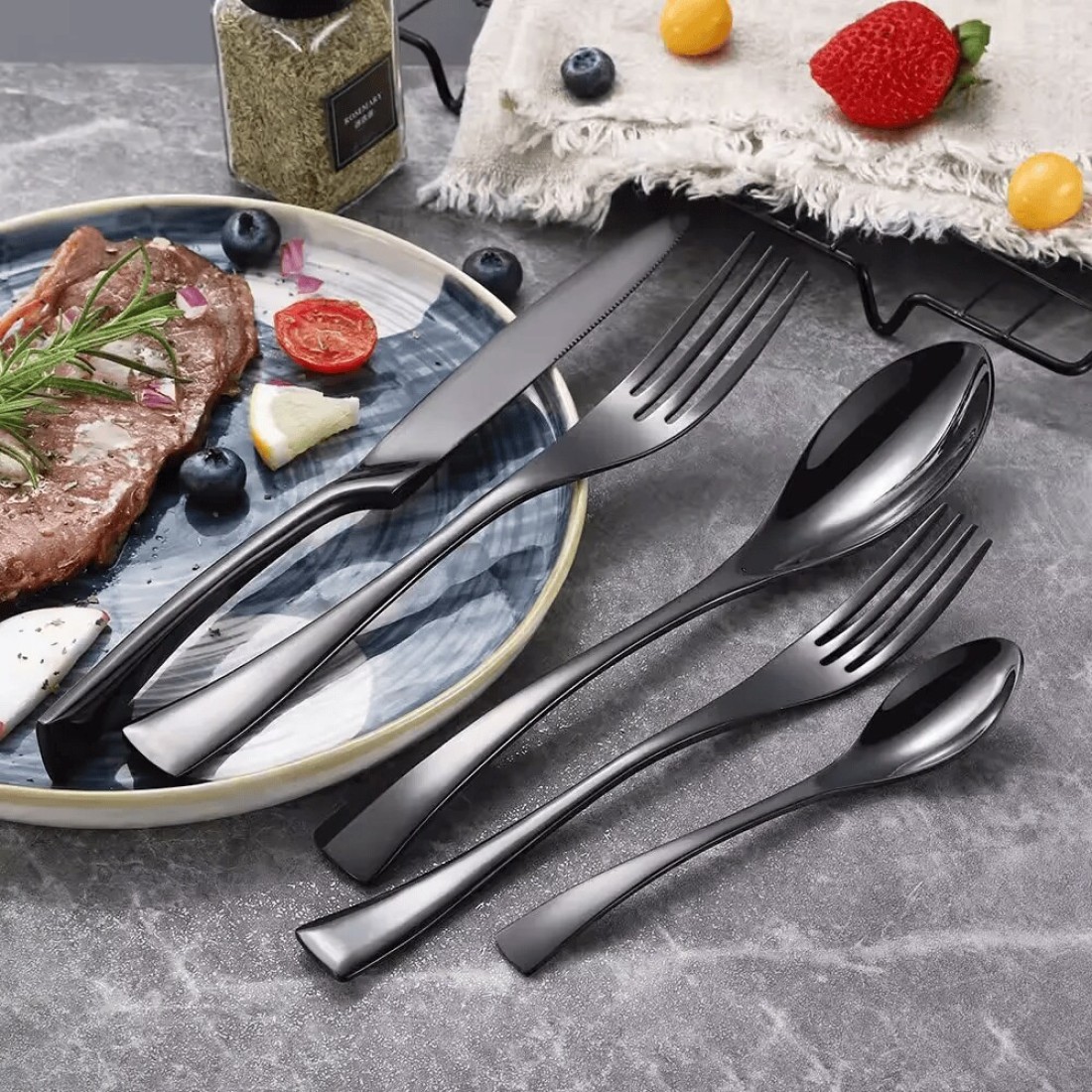 MAAC Home Sleek Black Cutlery Set for Urban Living - Set of 5 Luxurious Elegant Durable and Classic Premium Design Cutlery Set Perfect for everyday use, and get together, restaurant, banquet