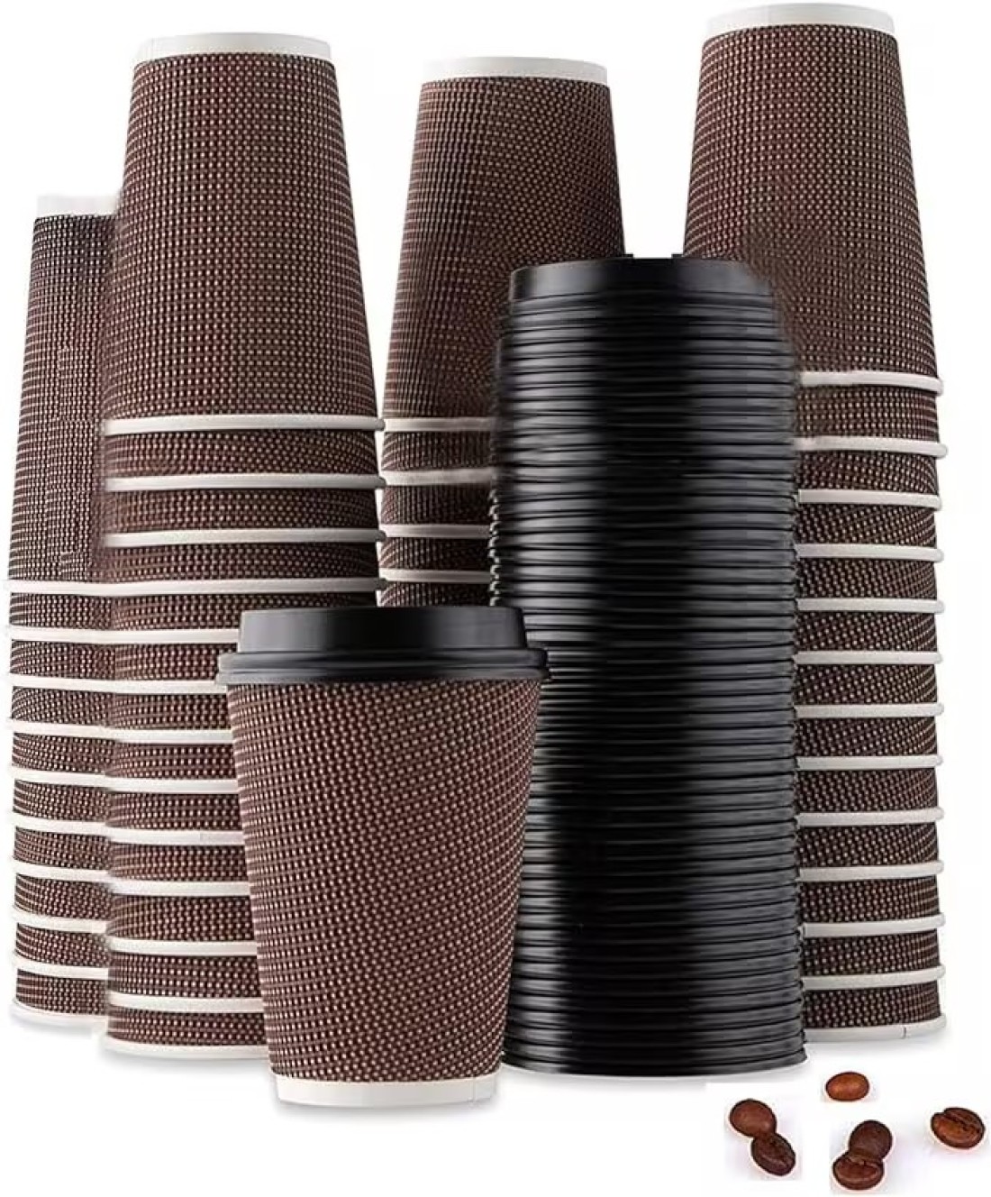 YESOCEA- Drinking Glass—50 Disposable Coffee Cup Insulation Spiral Embossed Paper Cups With Lids (8 oz, Brown Cups With Lids)