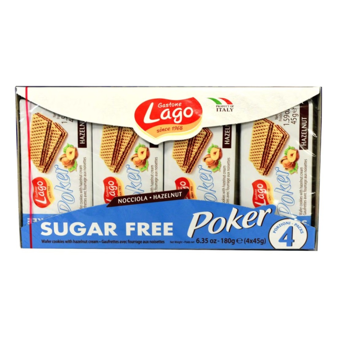 Gastone Lago Poker Sugar Free Hazelnut Cream Wafers, 45g Pack of 4