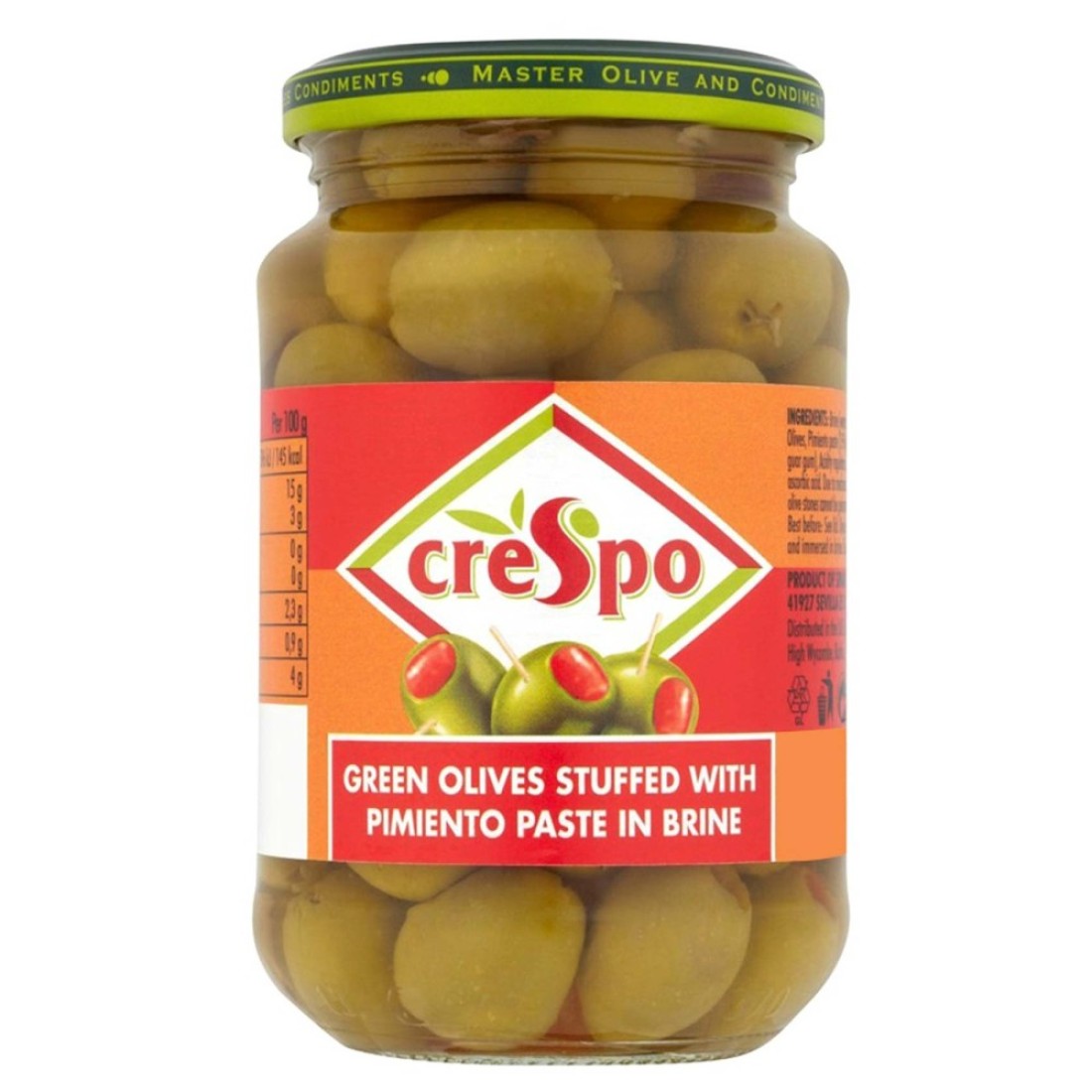 Crespo Green Olives Stuffed with Pimento Paste in Brine, 200g