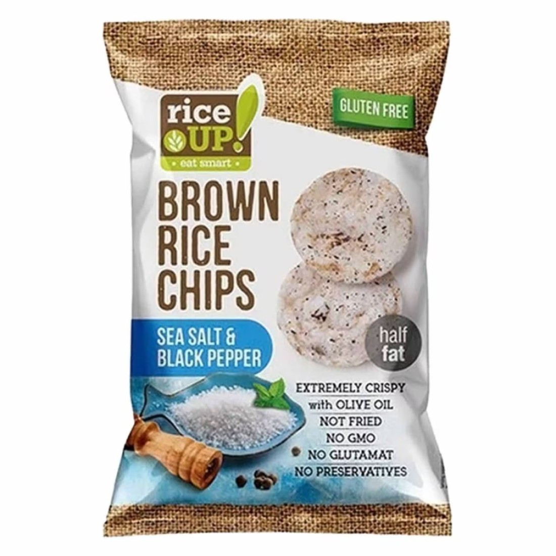 Rice Up! Gluten Free Half Fat Sea Salt and Black Pepper Brown Rice Chips, 60g