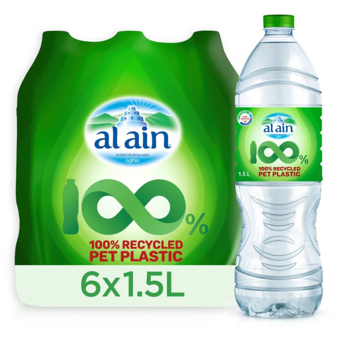 Al Ain Low Sodium Drinking Water Recycled Pet Plastic Bottle 1.5L Pack of 6