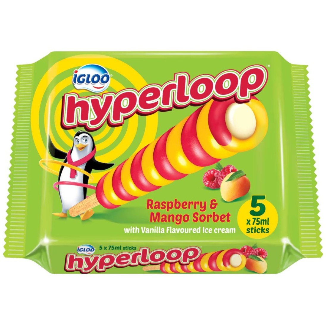 Igloo Hyperloop Raspberry and Mango Sorbet with Vanilla Flavoured Ice Cream, 75ml Pack of 5