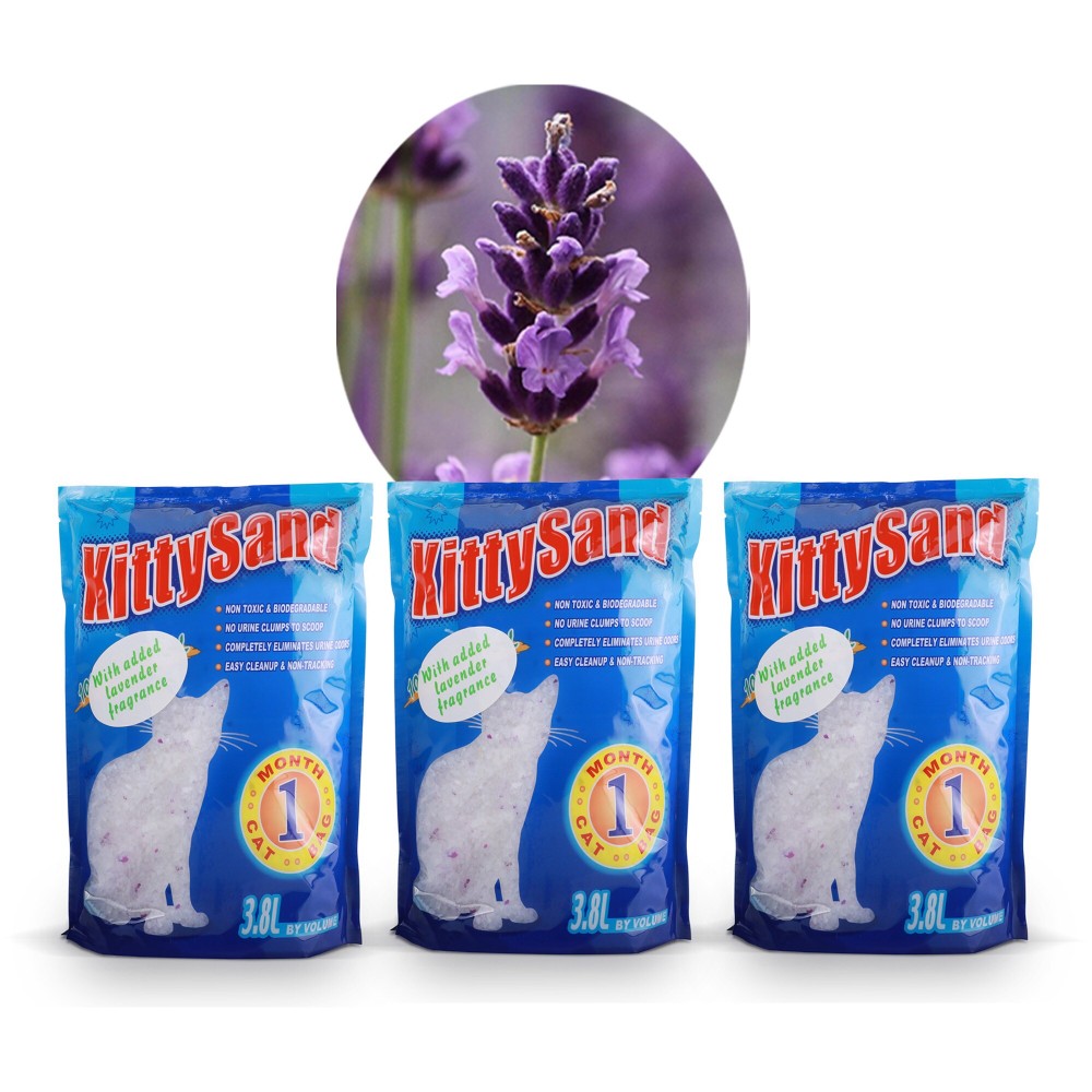 Bag of 3 - KittySand 100% Natural, Lavender Scented Silica Crystal Premium Quality Cat Litter 3.8L
