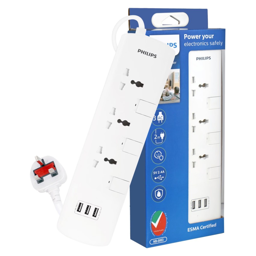 فيليبس مقبس تمديد كهربائي مضاعف مع 3 منافذ USB 3وات- أبيض-