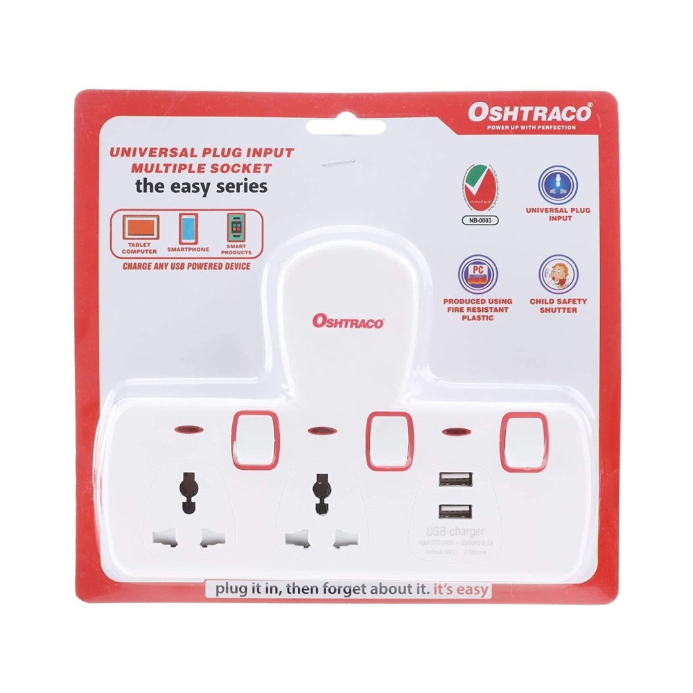 Oshtraco 2 Way T-Socket With 2 USB White