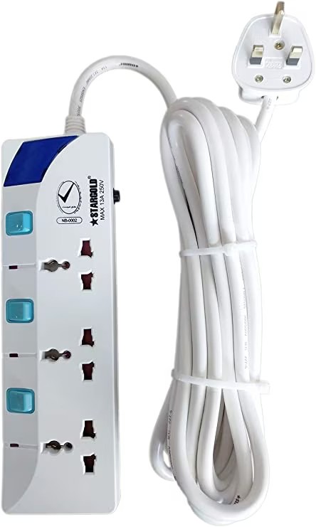 Stargold Extension Cord, Stargold Overload Protector Electric Charging Lead 3 Ac Output, 3250W/13A, 5*1.25Mm&sup2;/5M Long Power Cable, Heavy Duty Charging Station- White