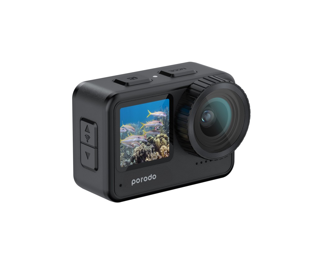 Porodo 4K Ultra HD Action Camera with WiFi Support and Touch Screen Dual Screen Display Full Body Waterproof Electronic Image Stabilization Wide View Angle 150° 4K@ 60fps Video Capture 24MP