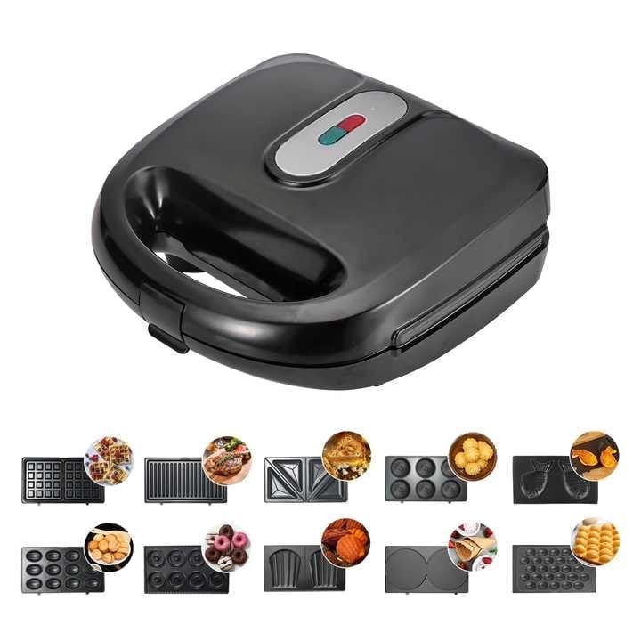 10 in 1 Sandwich Maker 750W Multi Function Machine with Changeable Plates for Waffle, Grill, Donut, Sandwich, 5 Cookie Designs, Nut Shapes, &amp; Cone Maker Non Stick Coating