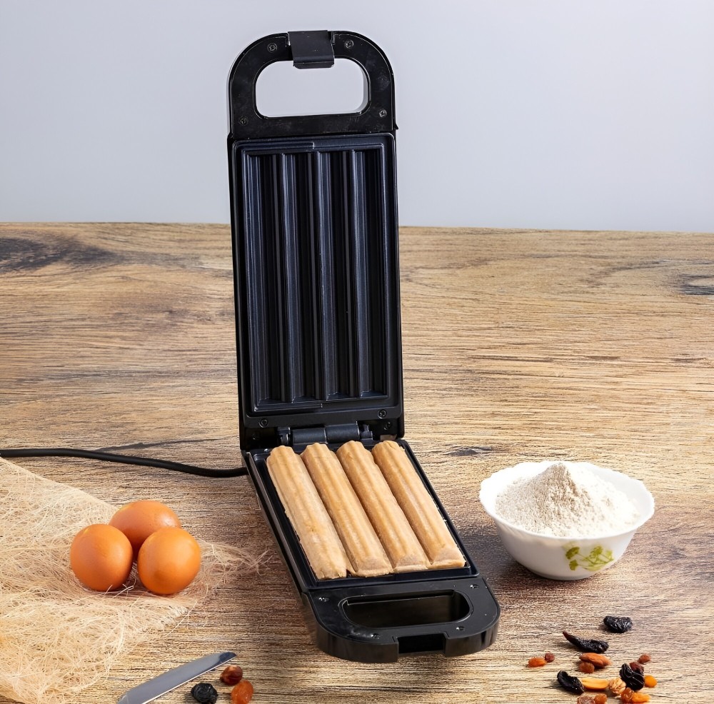 Churros Maker Power and Ready Indicator Non Stick Cooking Plate Easy to Clean 750W Freshly Bake 4 Churros at Time Cook Healthy &amp; Oil Free Churros 750W Black