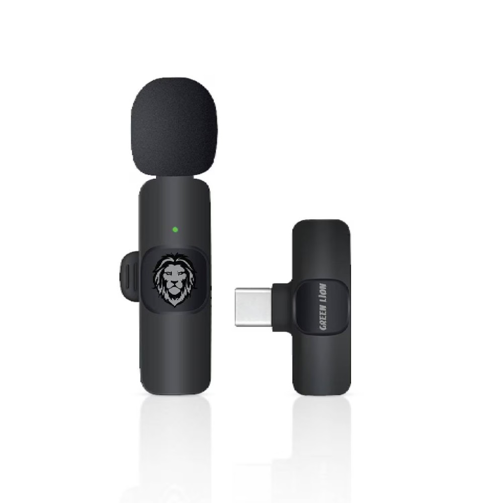 Green Lion Solo Wireless Microphone, 60mAh Battery, 20m Reception Range, Adaptive Noise Reduction, 360&deg; Surround Sound, USB-A/Type-C/Lightning Compatibility, 5-6 Hours Battery Life
