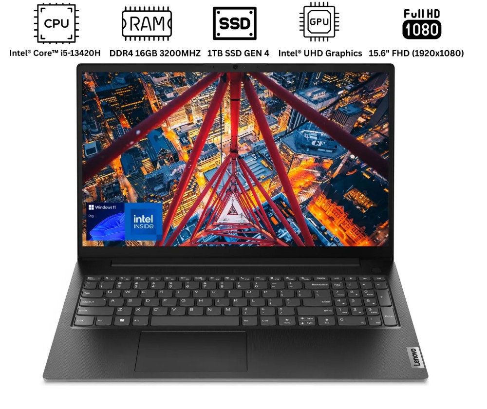 Lenovo V15 G4 Laptop (2025) – 13th Gen Intel Core i5-13420H, 15.6" FHD, 16GB RAM, 1TB SSD, Intel UHD Graphics, Windows 11, Keyboard (English/Arabic), Business Black