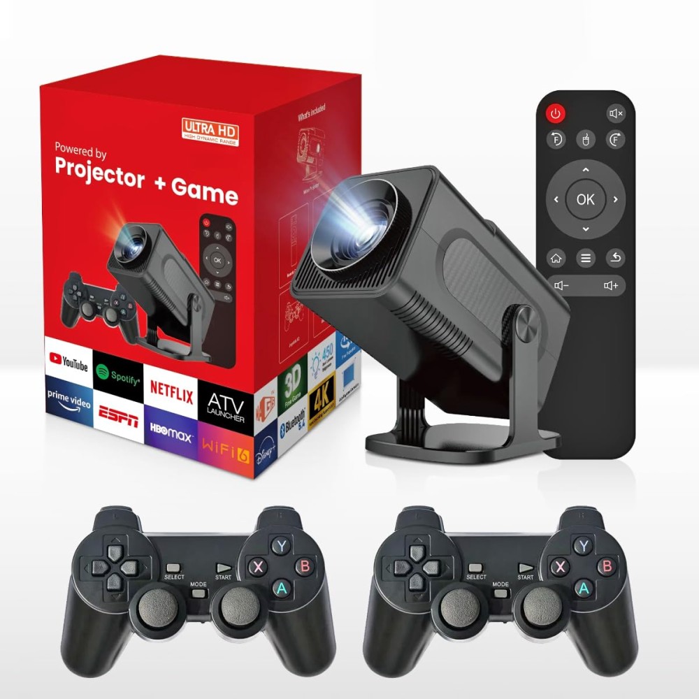 Wownect - HY320 Mini Andorid Portable Projector with Gaming Console 2 in 1 Gaming Projector 1080P Smart Projector FHD 4K Supported Video Projector