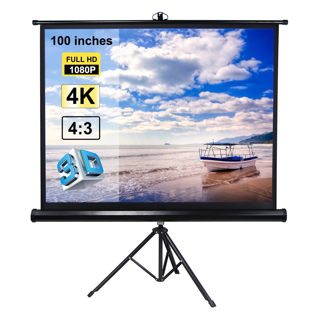 Generic-100 inches Projector Screen with Tripod Stand 4:3 Portable Projection Screen 4K 3D Projector Movies Screen for Home Office Indoor Outdoor Use