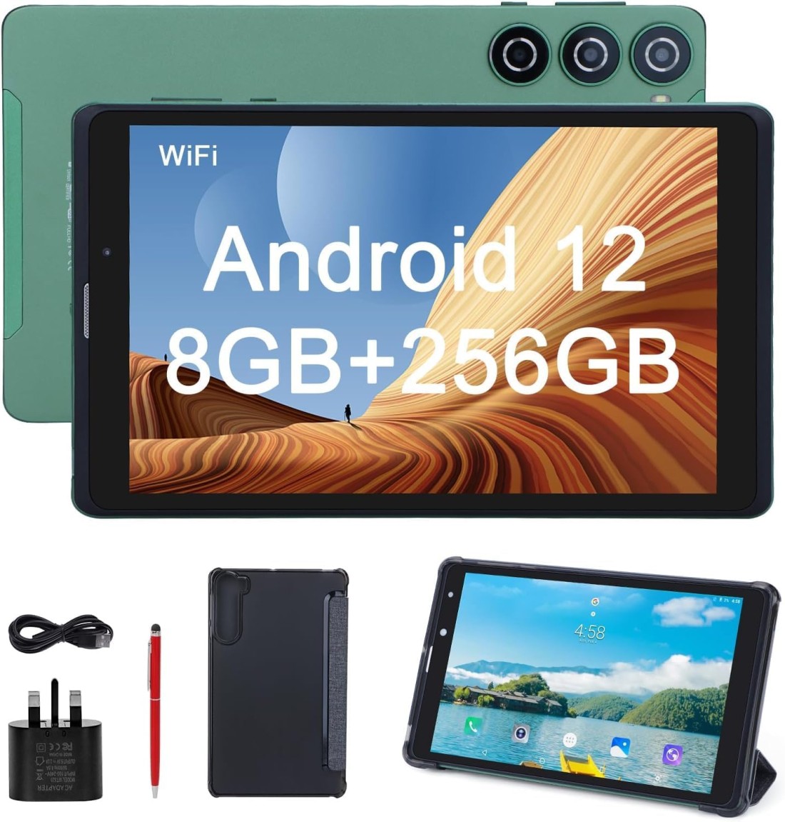 CM835 256GB BUILT IN RAM 8 Smart Tablet Android 8-Inch IPS Screen 5G LTE Single SIM WiFi,CM835 Kids Tab Zoom Supported Tablet PC with Pre-installed Tempered Glass and Flip Case Cover (GREEN)