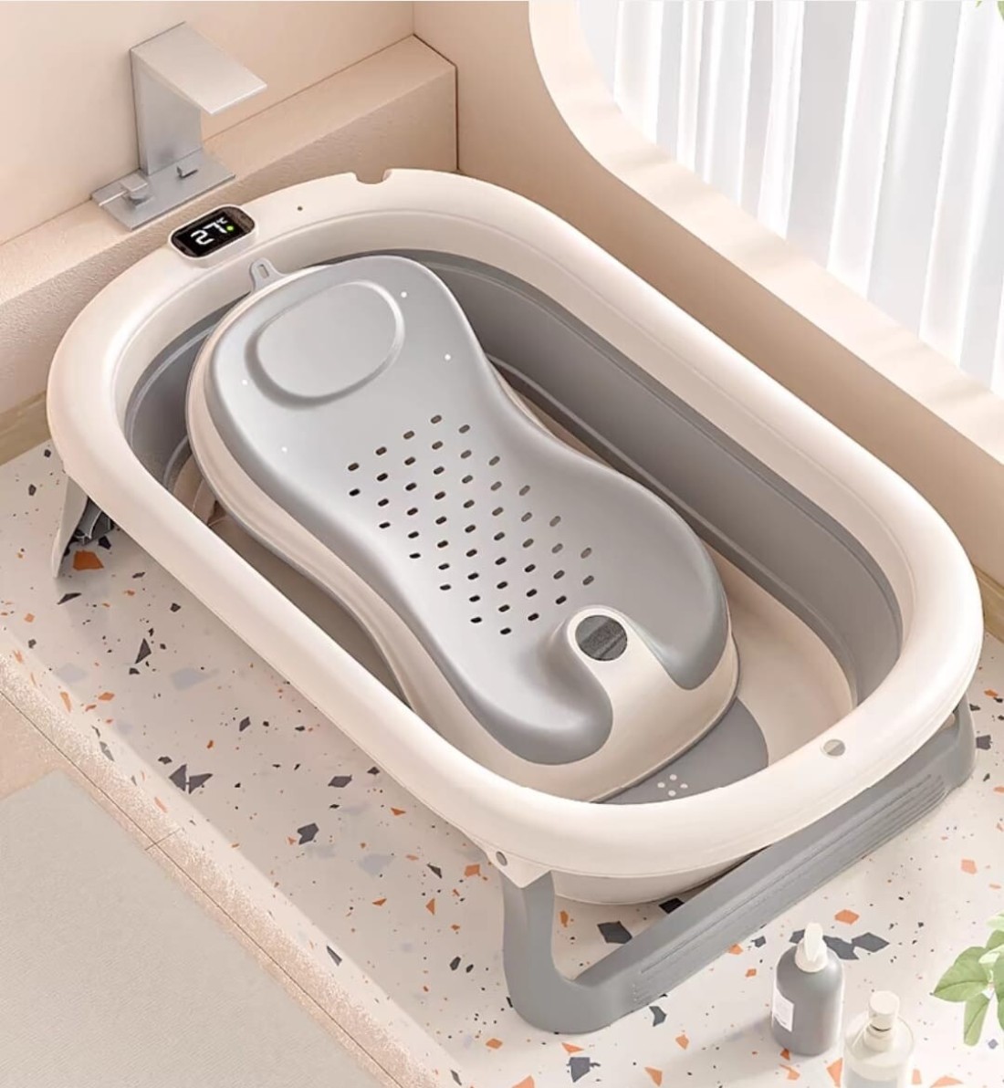 Foldable Baby Bathtub with Temperature Indicator Essentials Bathtub for Newborns and Infants with Seat Support Cushion