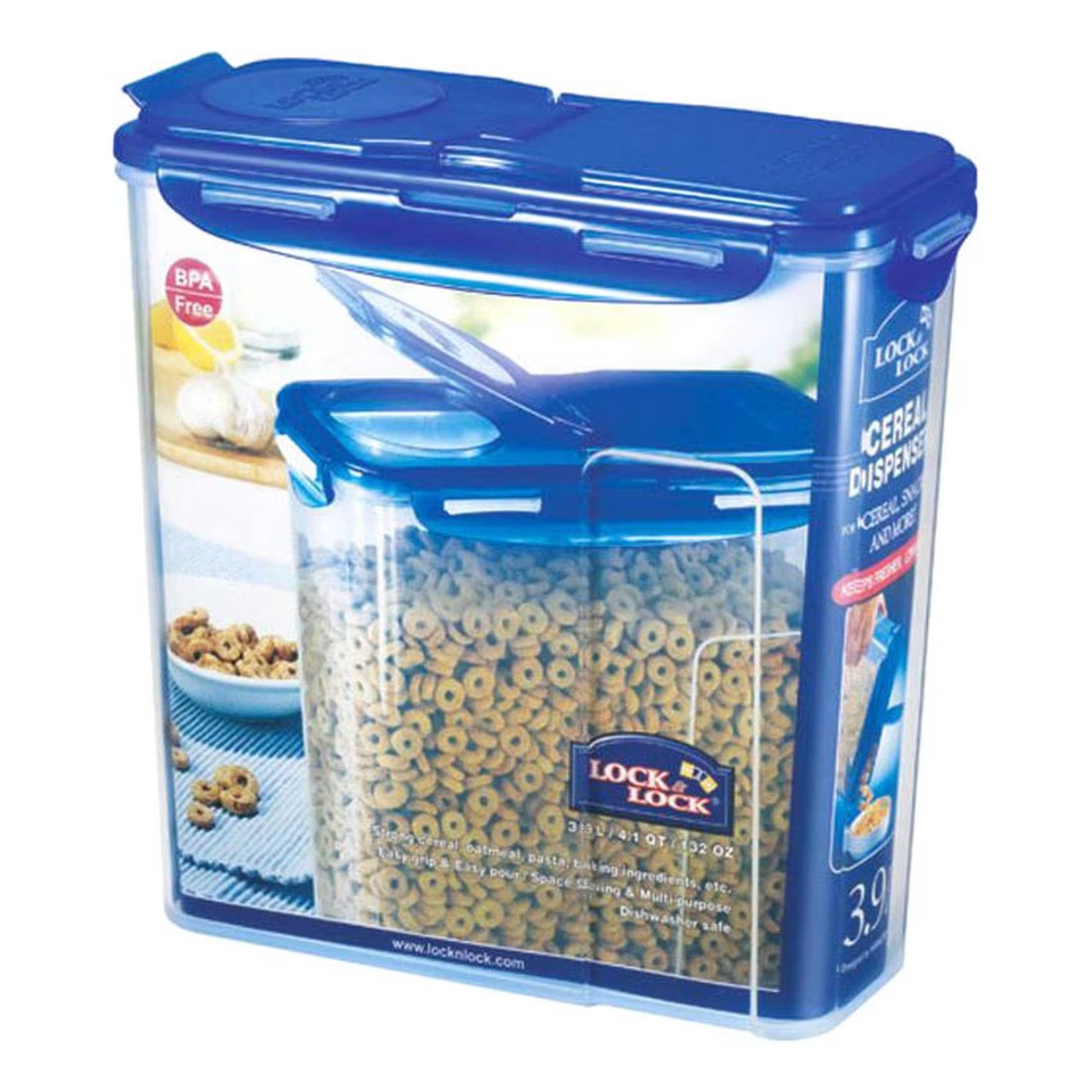 لوك أند لوك موزع حبوب مع غطاء HPL951 - شفاف وأزرق 3.9 لتر
