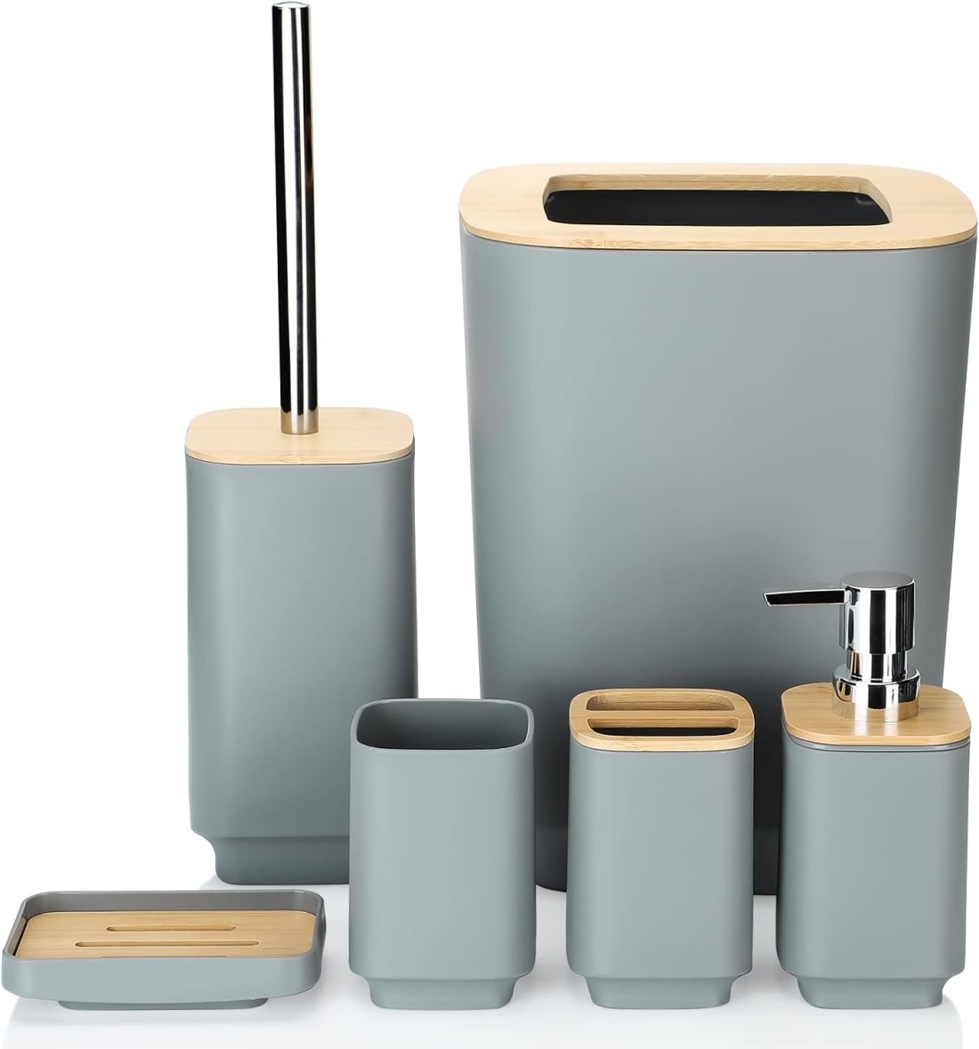 Bamboo Bathroom Accessories Set of 6 Modern Design 6 Pieces Bathroom Accessory Set Soap Dispenser Toothbrush Holder Tooth Mug Soap Dish Toilet Brush Rubbish for Bathroom Home Decor (Grey)