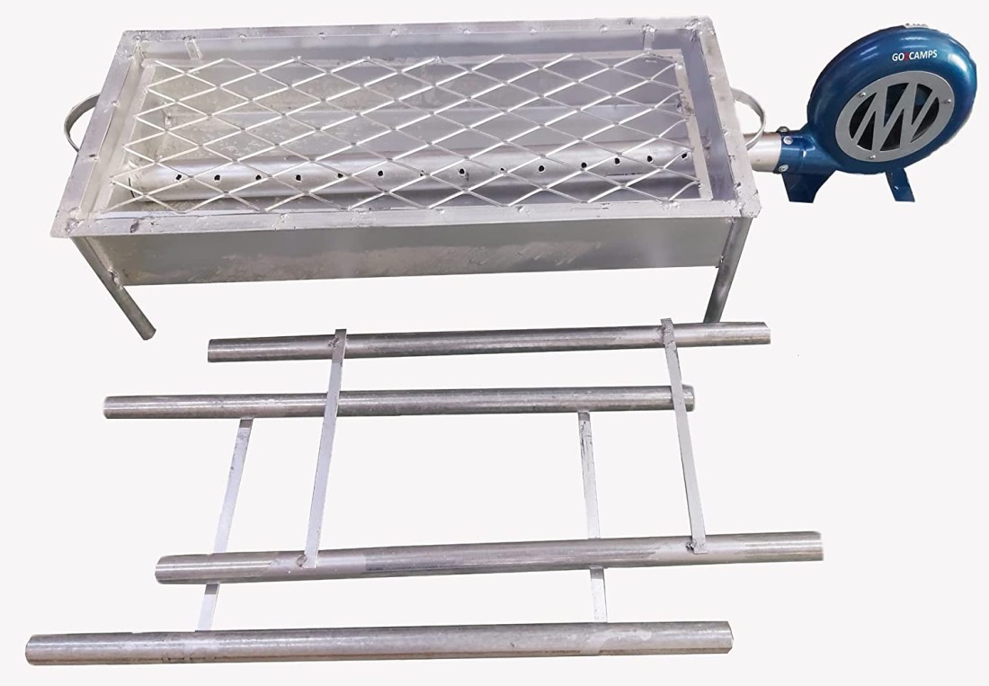 GO2CAMPS BBQ GRILL WITH FAN LONG LEGS-ADJUSTABLE STAND WITH HAND USEBLOWER FAN 90 CM-LARGE-GALVA BBQ GRILL