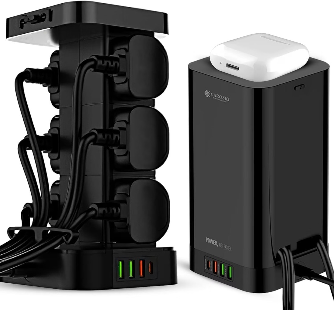 Tower Power Extension Cord 3 In 1 with 15W Wireless Charger - 6 AC Outlets - 4 USB Outlets - 2m Long Extension Cord Power Strip with Cable Organizer Box