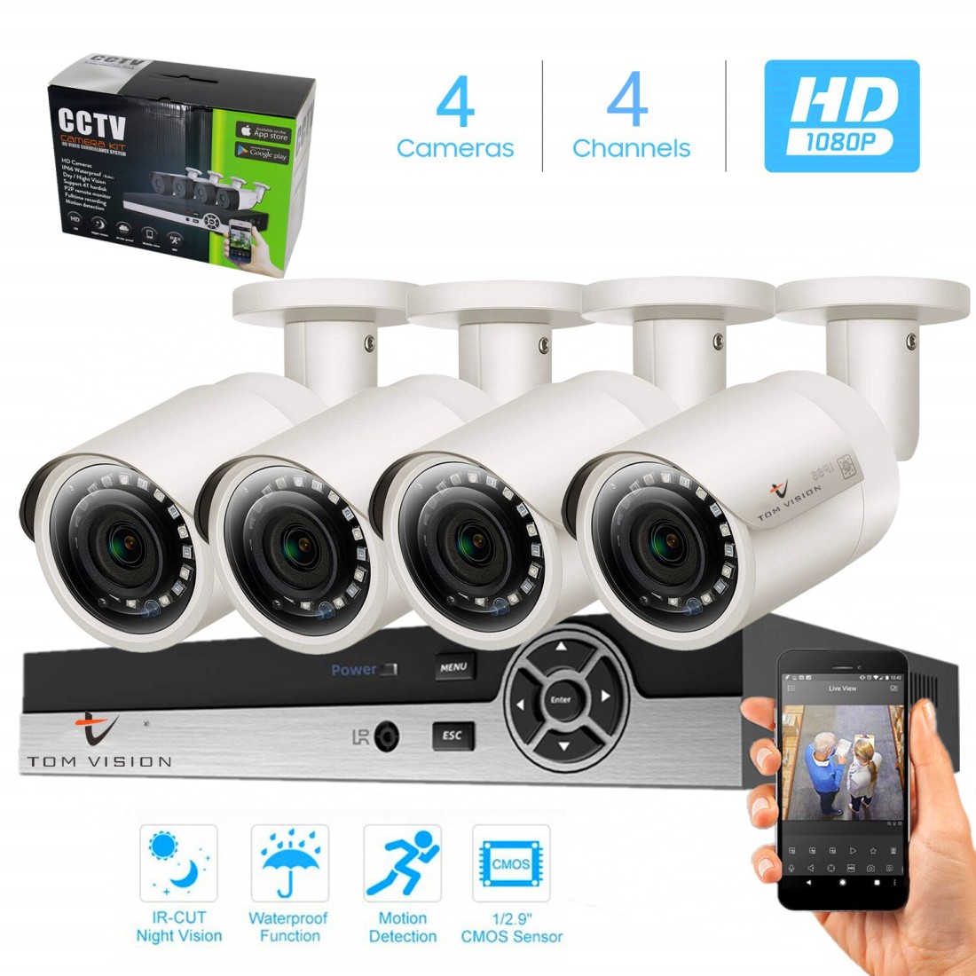 Tomvision - 2K Security Camera System 4CH 2MP Video DVR with 4Pcs 2.0Megapixel Indoor Outdoor Waterproof IP66 Cameras,Home Security P2P, 100ft Night Vision, for Home Business (4CHKIT(NotHDD), White)