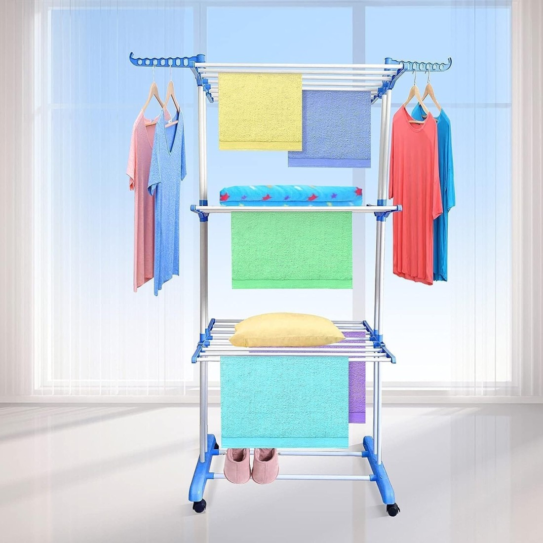 3-Layer Clothes Drying Rack, Heavy Duty Folding Clothes Hanger with Adjustable Wings – Indoor & Outdoor Use, Double 3-Layer Cloth Drying Stand