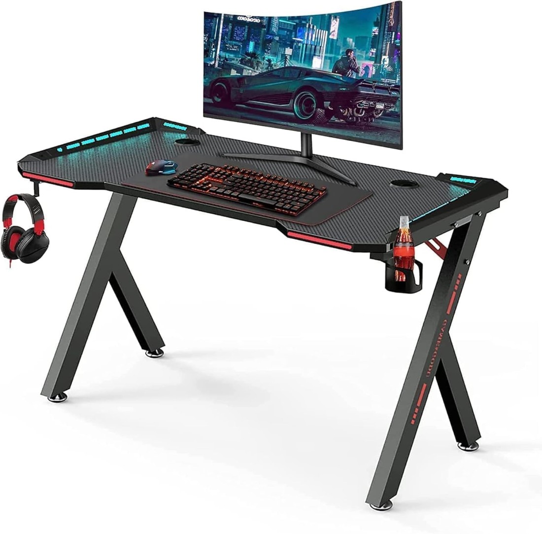 MAF K-151-120cm Gaming Table &ndash; Carbon Fiber Surface, RGB LED Lights, and Sturdy Steel Frame &ndash; Perfect for Gaming