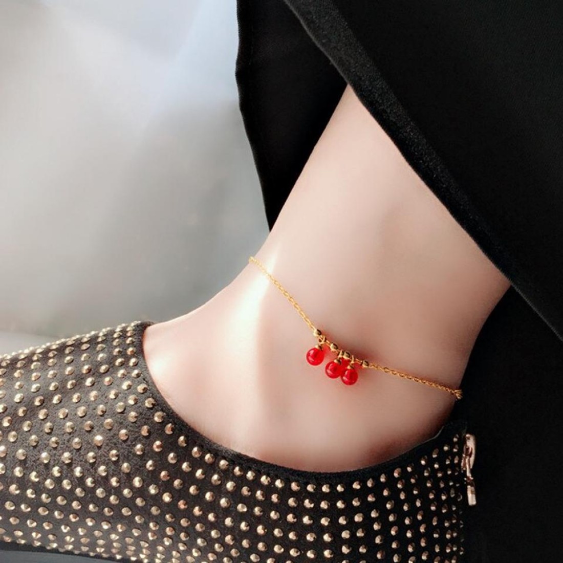 Aiwanto Beautiful Anklet for Ladies Ankle Chain Gold With Red Pearl Bracelet