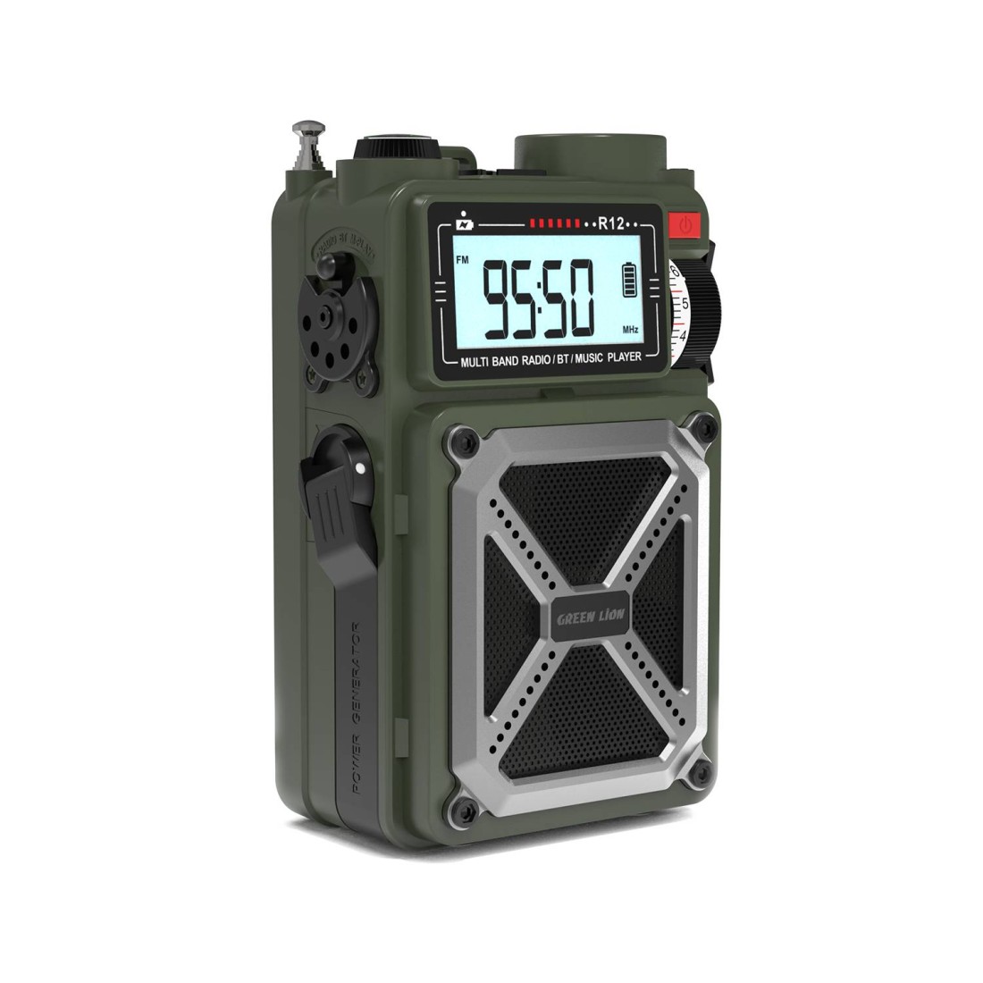 Green Lion Vintage Solar Pro Radio and Bluetooth Speaker with Power Bank, 4000mAh Battery, Solar Power Input 5V/0.7A, Hand Crank Charging, 10m Transmission Range, IPX3 Waterproof, 12H Playtime