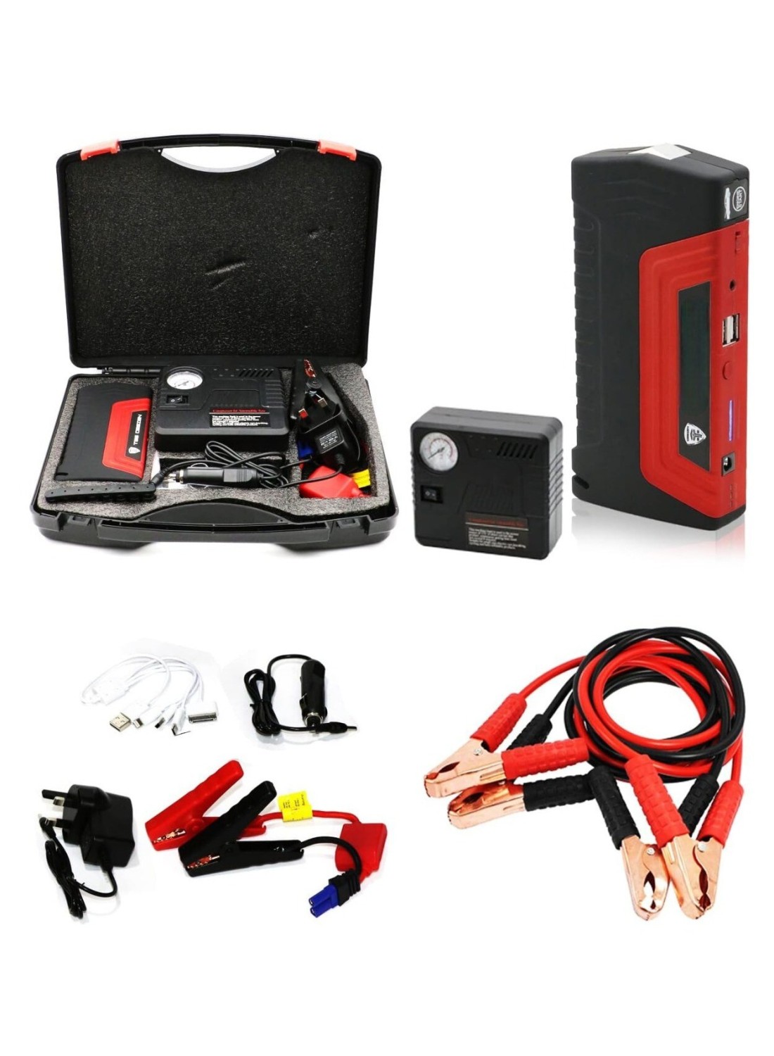 Portable Car Jump Starter Battery Pack with Powerful Booster Cable, Air Compressor, Extra Battery, Jumper Cable, Tire Inflator & LED Light 2 USB/DC 12V Ports