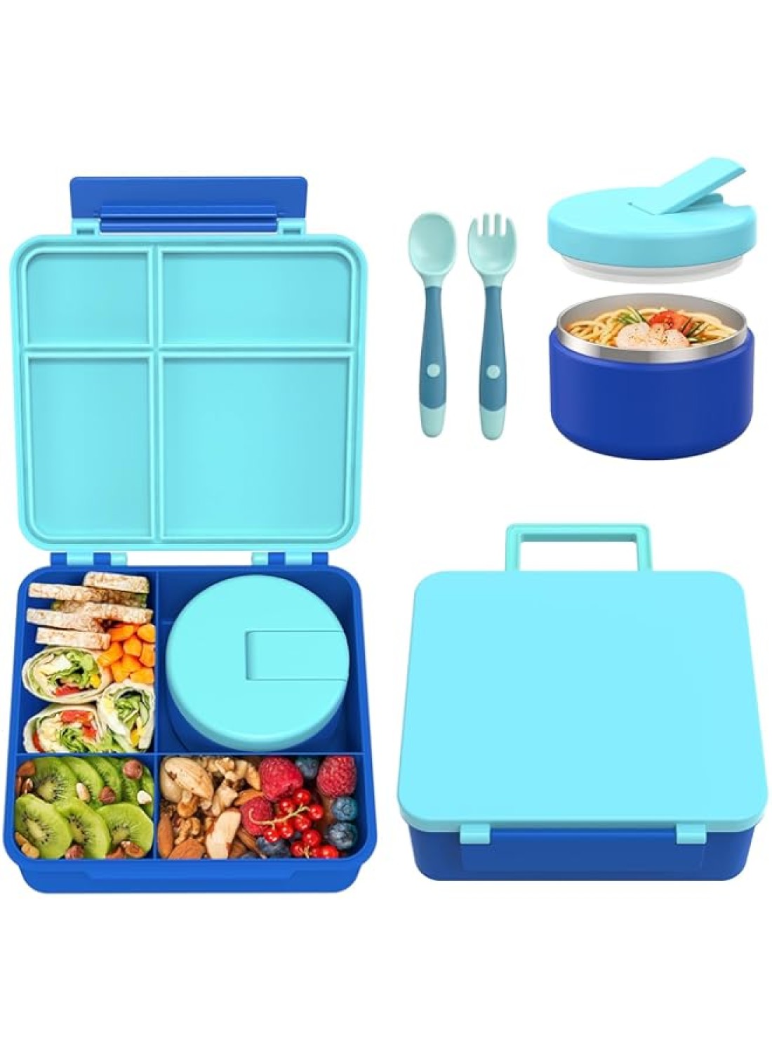 Pawtong Bento Lunch Box with 8oz Soup Thermo, Kids Leakproof Lunch Food Containers with 4 Compartment, Kids Thermo Insulated Hot Food Jar for School, Trvael(Blue