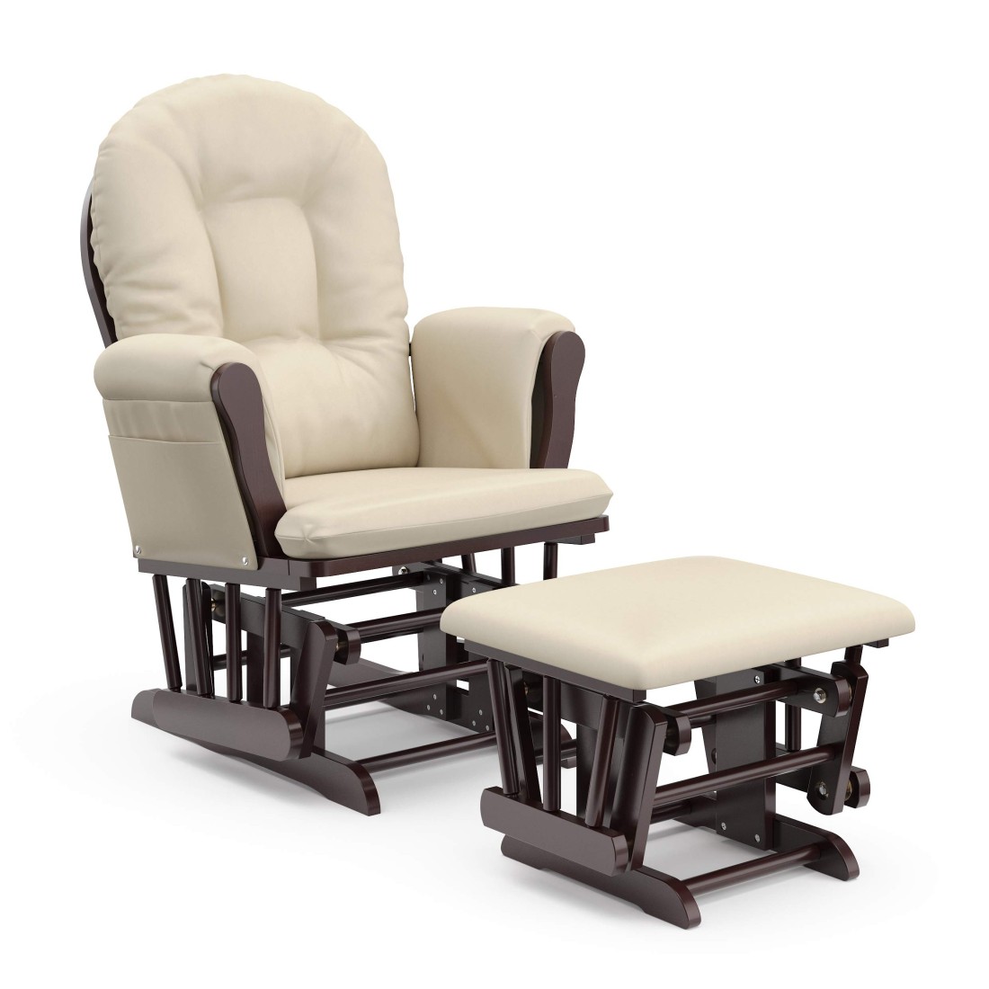 Storkcraft Premium Hoop Glider and Ottoman Espresso Base Beige Cushion Padded Cushions with Storage Pocket Smooth Rocking Motion Easy to Assemble Solid Hardwood Base