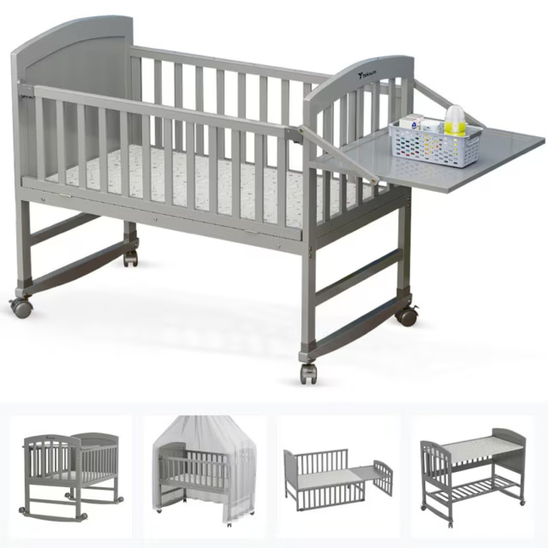 Teknum - 7 in 1 Convertible Kids Bed &amp; Bedside Crib w / Mattress, Mosquito net &amp; Detachable Wheels(0 - 12yrs) - Grey